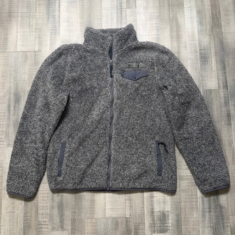 LL Bean Hi-Pile Fleece Jacket Women XL Gray Full-Zip Pockets Box Logo